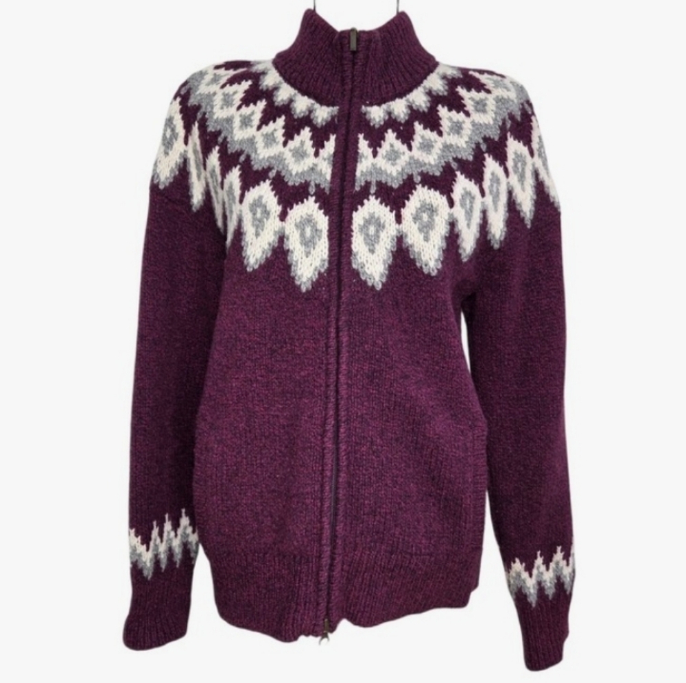 L.L.Bean Sweater 100% Lambs Wool Plum Purple Fair Isle Pockets Small Full Zip